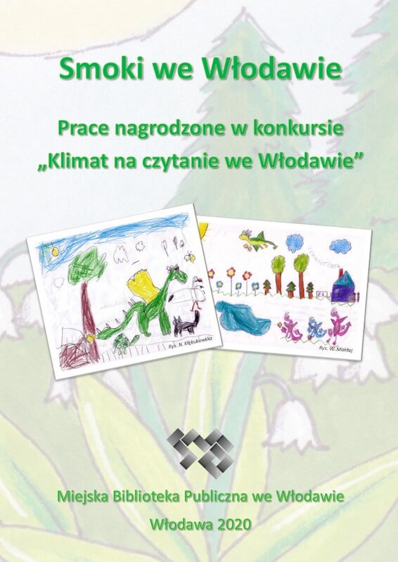Okładka e-booka, dwa rysunki wykonane przez dzieci, w tle konwalia i las. 