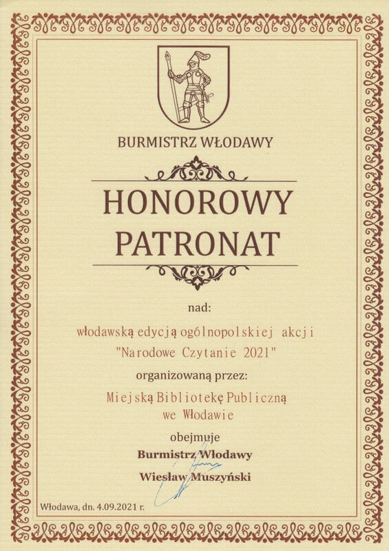 Dokument objęcia wydarzenia Honorowym Patronatem przez Burmistrza Włodawy Wiesława Muszyńskiego. 