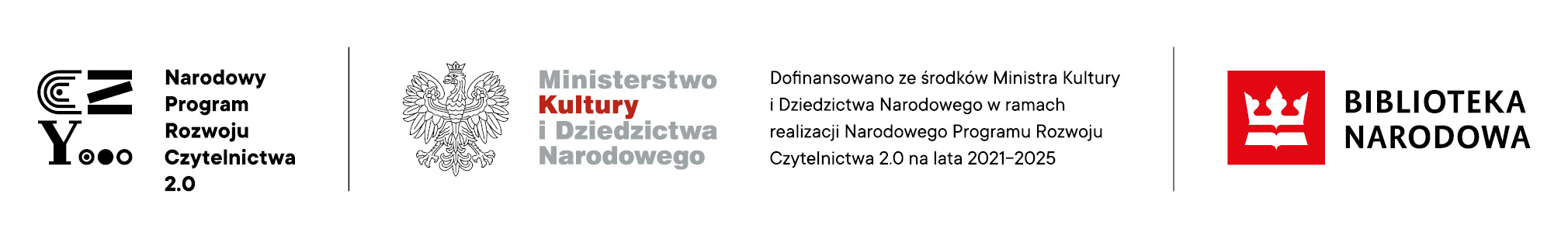 Informacja o dofinansowaniu (treść w artykule) oraz logotypy: Narodowy Program Rozwoju Czytelnictwa 2.0, Ministerstwo Kultury i Dziedzictwa Narodowego, Biblioteka Narodowa.