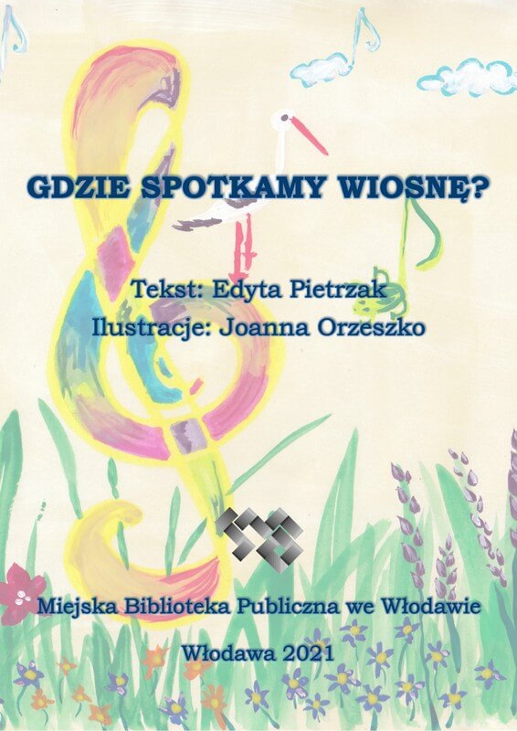 Okładka e-booka. W tle nutki, klucz wiolinowy, trawa, kwiaty. 