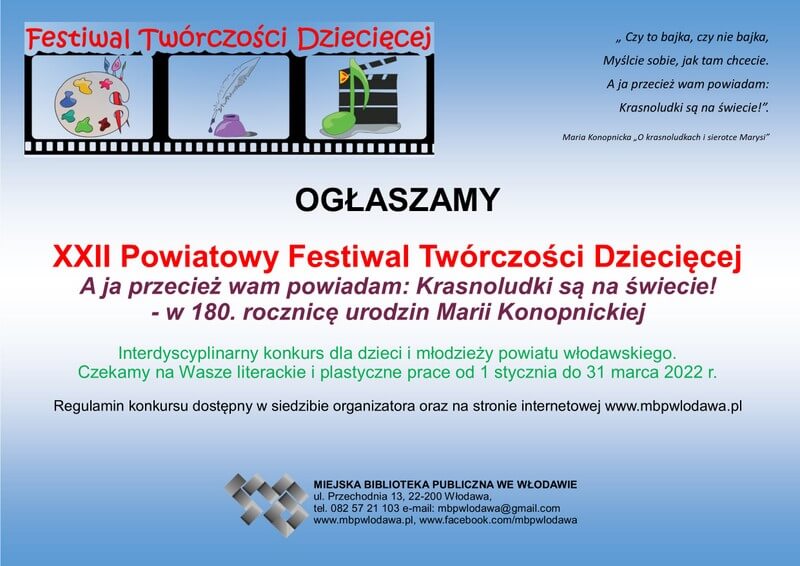 Plakat ogłaszający XXII Powiatowy Festiwal Twórczości Dziecięcej. Treść na plakacie zgodna z anonsem w artykule.