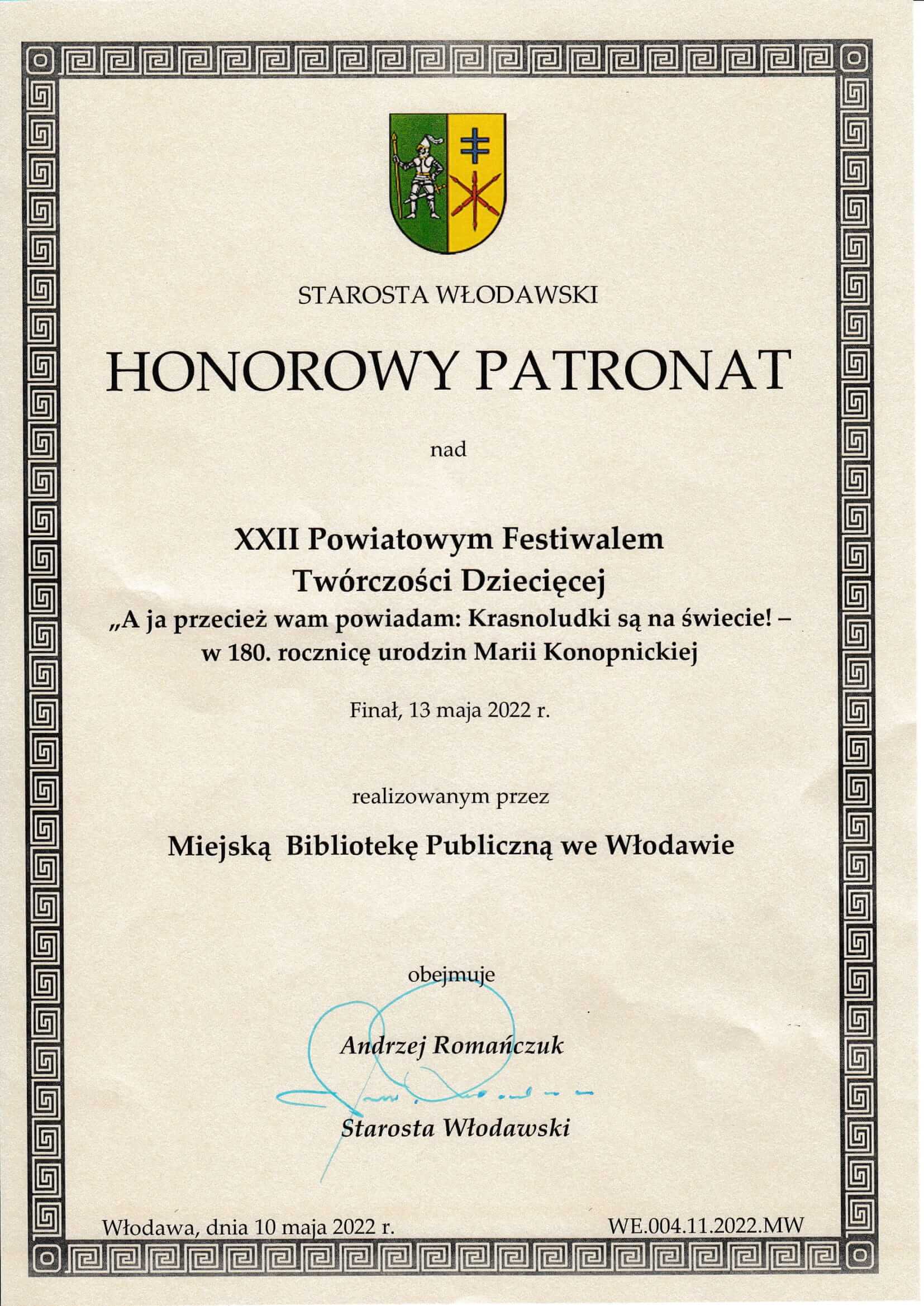 Dokument potwierdzajacy honorowy patronat Starosty Włodawskiego nad wydarzeniem. 