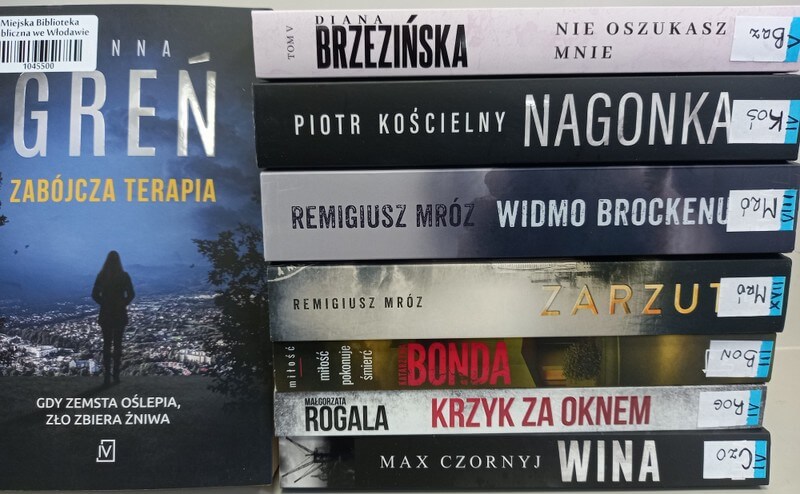 Osiem książek stojących, jedna widoczna okładka: Hanna Greń: Zabójcza terapia - Cykl: Dioniza Remańska (tom 6)
