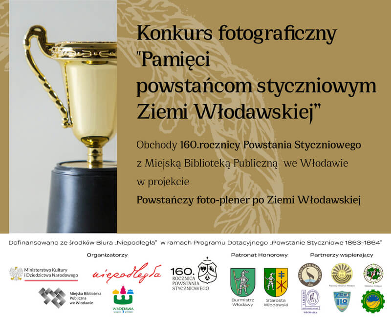 Grafika z informacją o konkursie fotograficznym. Po lewej złoty puchar na białym tle. Po prawej tytuł konkursu.