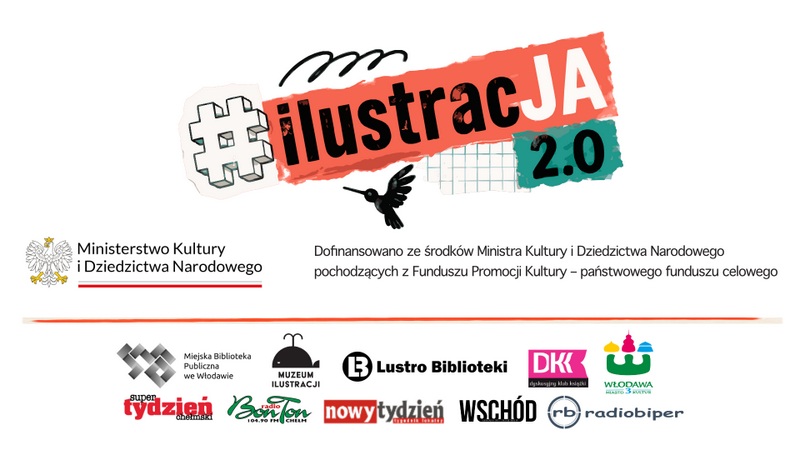 ILUSTRACJA 2.0_BELKA [alt: Grafika na białym tle, stanowiąca belkę informacyjno-logotypową wydarzenia z&nbsp;cyklu „#ilustracJA 2.0”.]