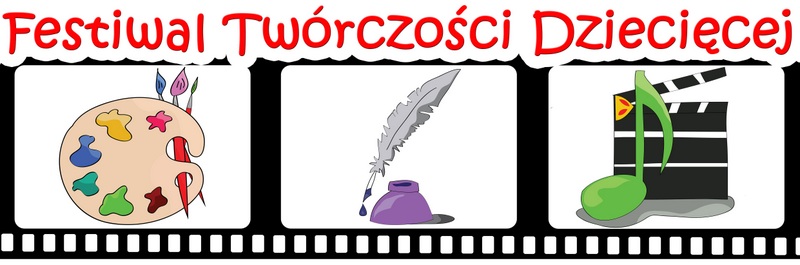 Logotyp Powiatowego Festiwalu Twórczości Dziecięcej. Grafika przedstawia kliszę filmową, w której kadrach znajdują się kolejno: paleta malarska z pędzlami; kałamarz i pióro; nutka i klaps filmowy.